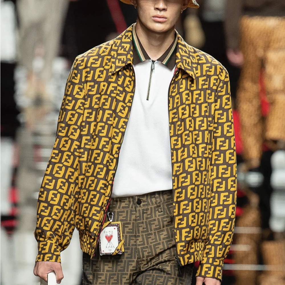 FENDI runway reversible 100% silk Zucca monogram yellow red jacket